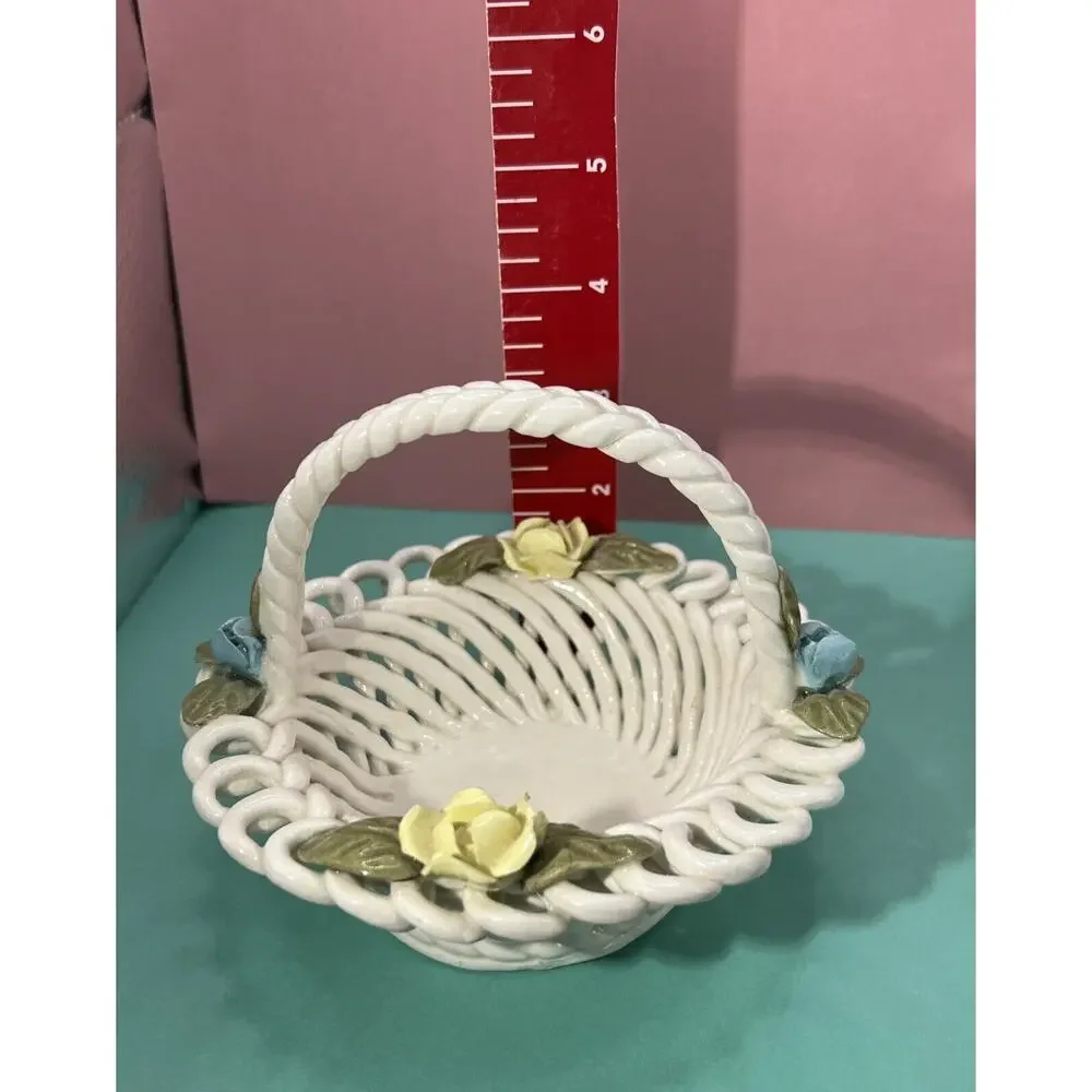 Porcelain Woven White Basket w/ Applied Flowers